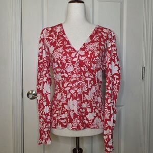 Anthropologie Maeve Red & White Floral Foliage Mushroom Long Sleeve Blouse